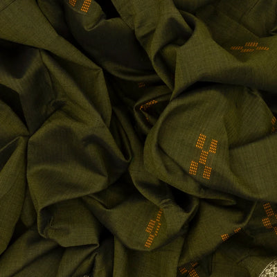 Dark Olive Handwoven Orissa Cotton Saree With Floral Motifs & Contrast Border