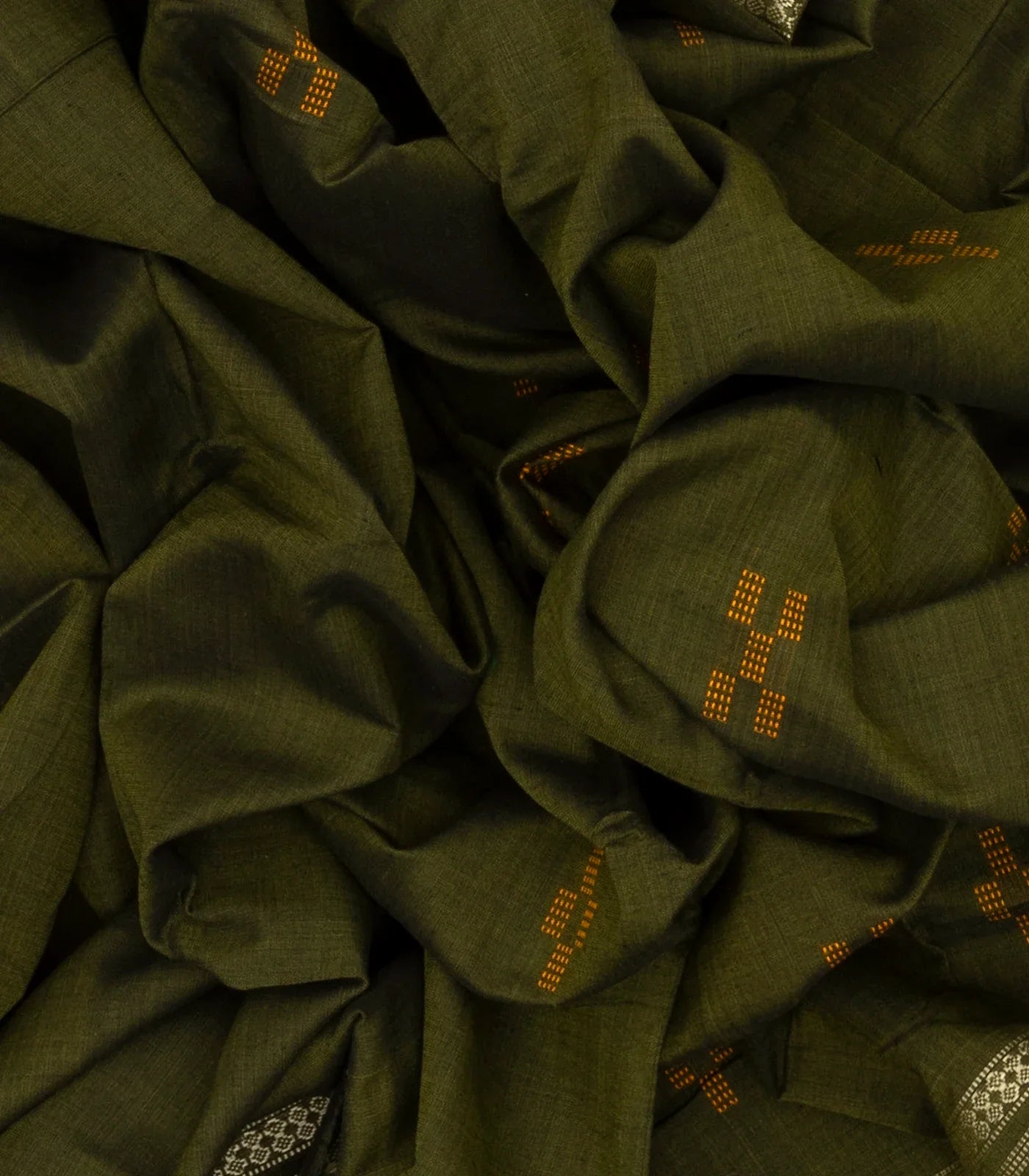 Dark Olive Handwoven Orissa Cotton Saree With Floral Motifs & Contrast Border