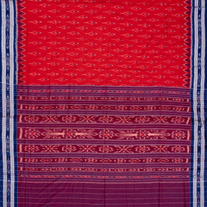 Red Orissa Cotton Saree With Tie & Dye Motifs & Contrast Navy Blue Border