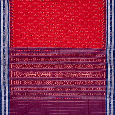 Red Orissa Cotton Saree With Tie & Dye Motifs & Contrast Navy Blue Border