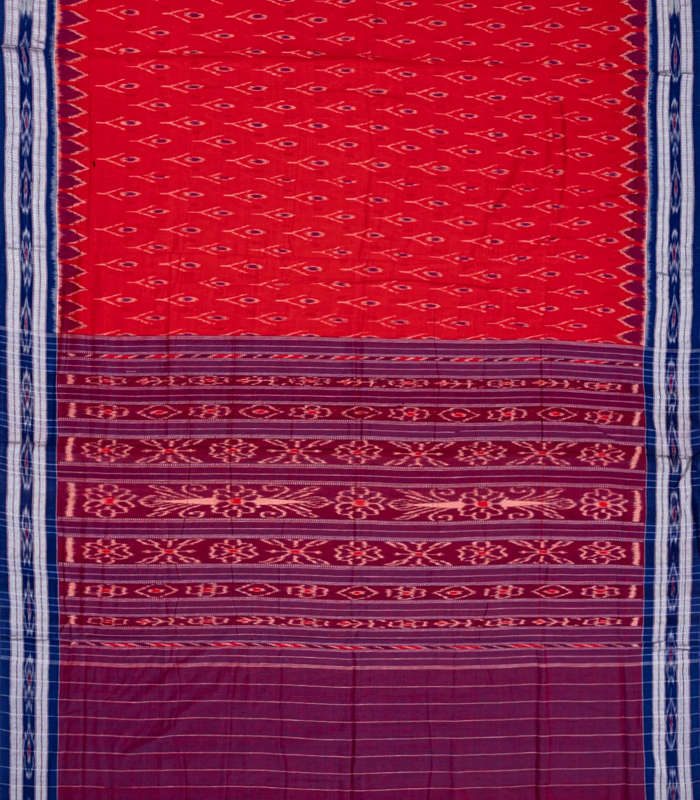 Red Orissa Cotton Saree With Tie & Dye Motifs & Contrast Navy Blue Border