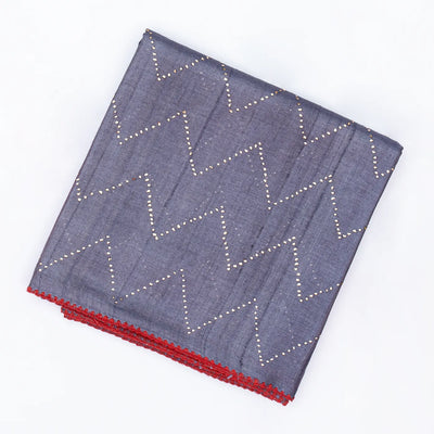 Dark Grey Handloom Tussar Silk Saree With Embroidered Chevron Mirror Motifs