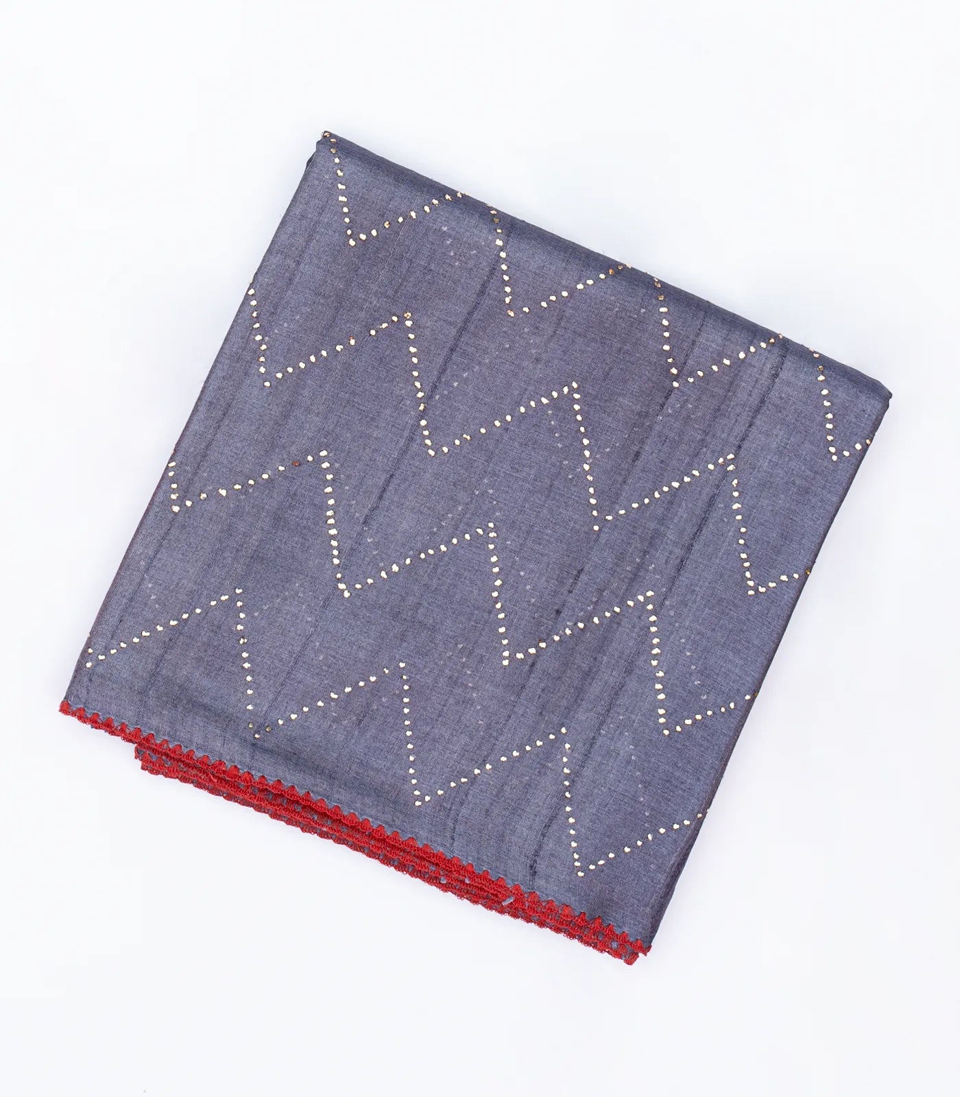 Dark Grey Handloom Tussar Silk Saree With Embroidered Chevron Mirror Motifs