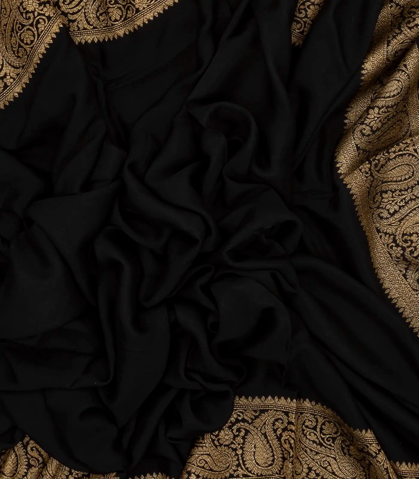 Black Banarasi Georgette Saree With Plain Body & Zari Border