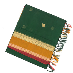 Dark Green Handloom Silk Cotton Saree With Horse Zari Buttas