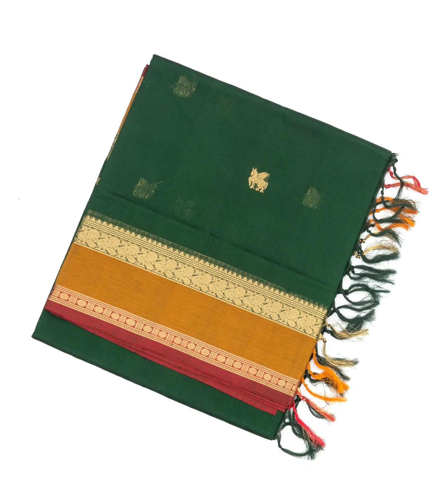 Dark Green Handloom Silk Cotton Saree With Horse Zari Buttas