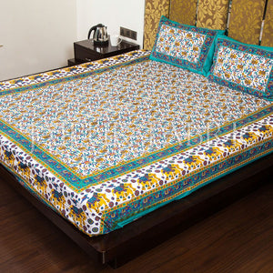 Green Border Elephant Camel and Bird Print Cotton Double Bed Sheet