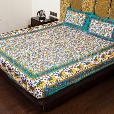 Green Border Elephant Camel and Bird Print Cotton Double Bed Sheet