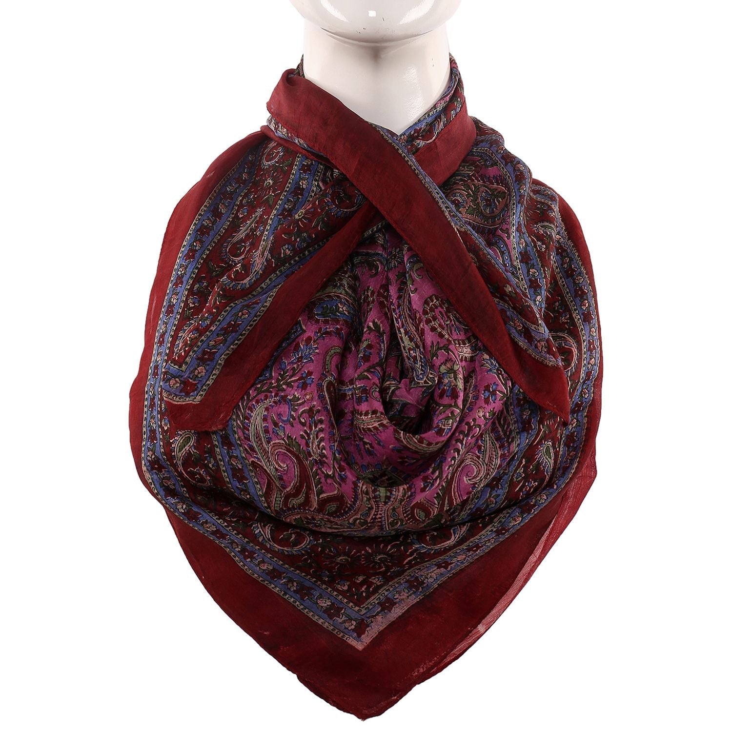 Silk Scarf Maroon Border Paisley Print