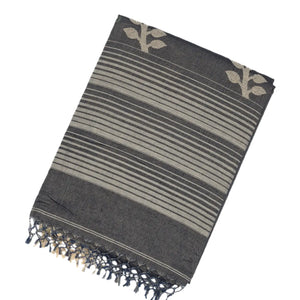 Dark Grey Handloom Bengal Cotton Tissue saree With Zari stripes and Floral (Phool) Buttis
