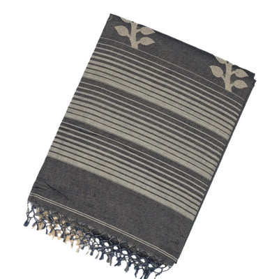 Dark Grey Handloom Bengal Cotton Tissue saree With Zari stripes and Floral (Phool) Buttis