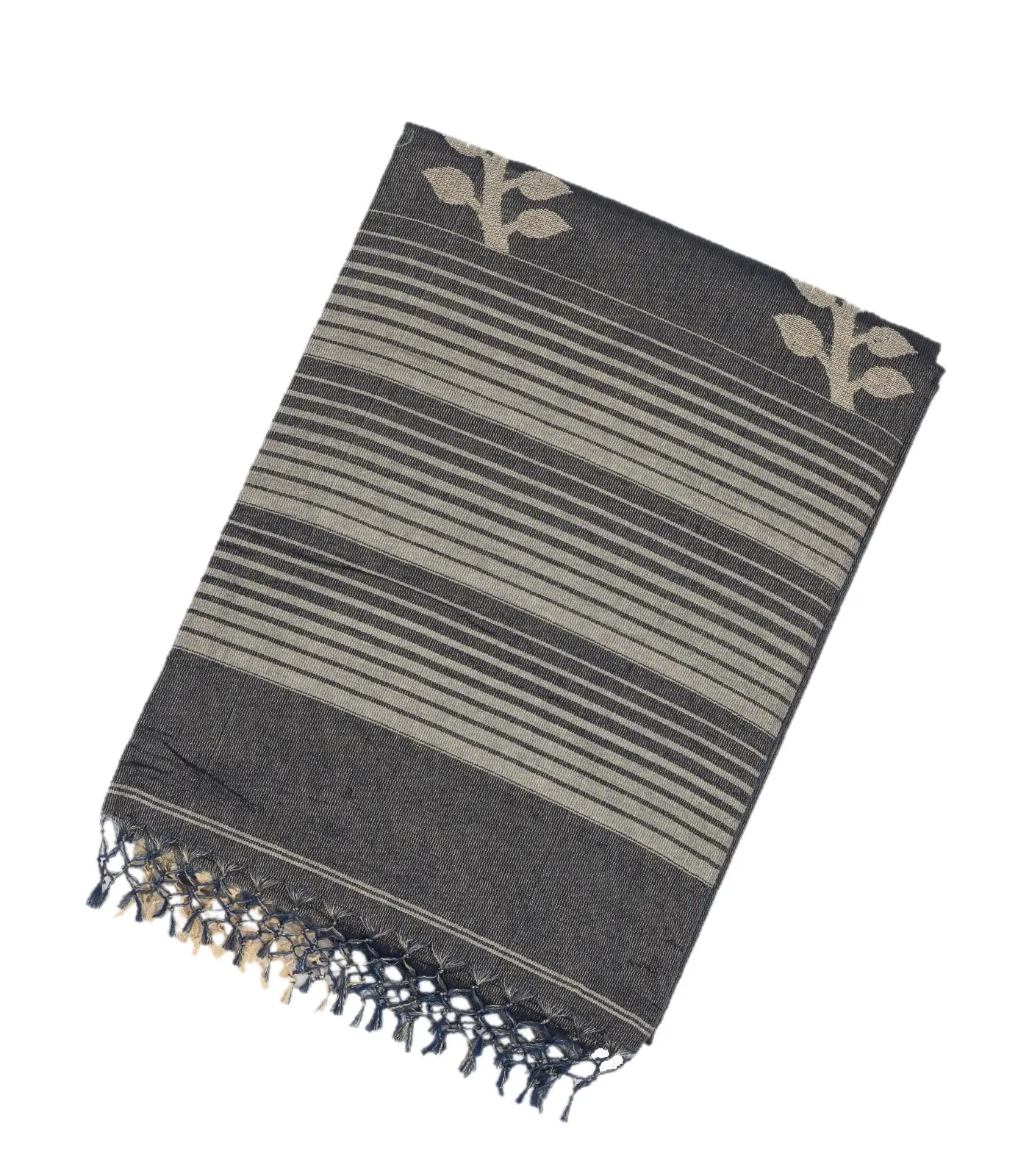 Dark Grey Handloom Bengal Cotton Tissue saree With Zari stripes and Floral (Phool) Buttis