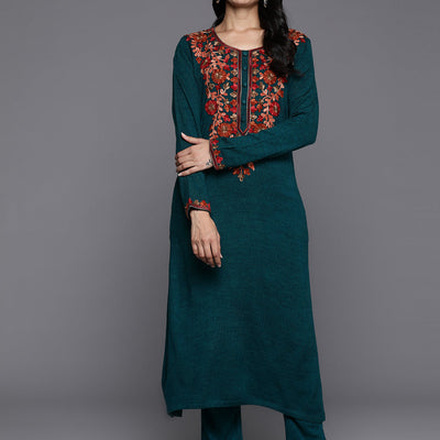 Green Yoke Design Wool Straight Kurta Set