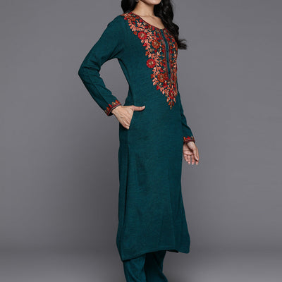 Green Yoke Design Wool Straight Kurta Set