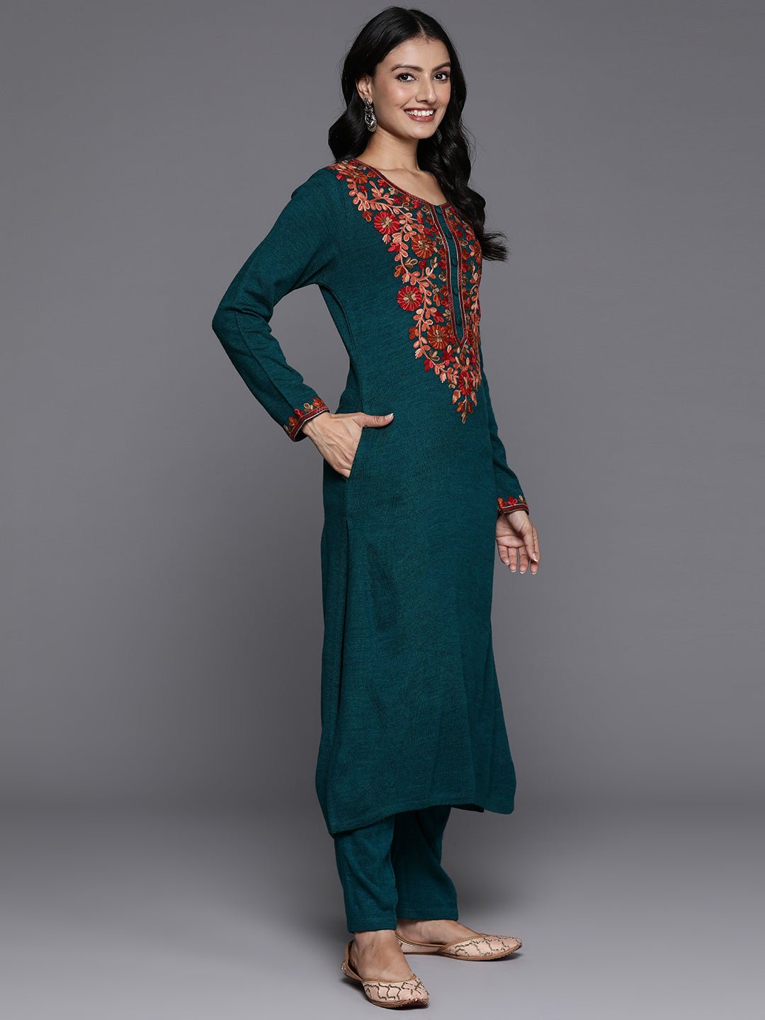 Green Yoke Design Wool Straight Kurta Set