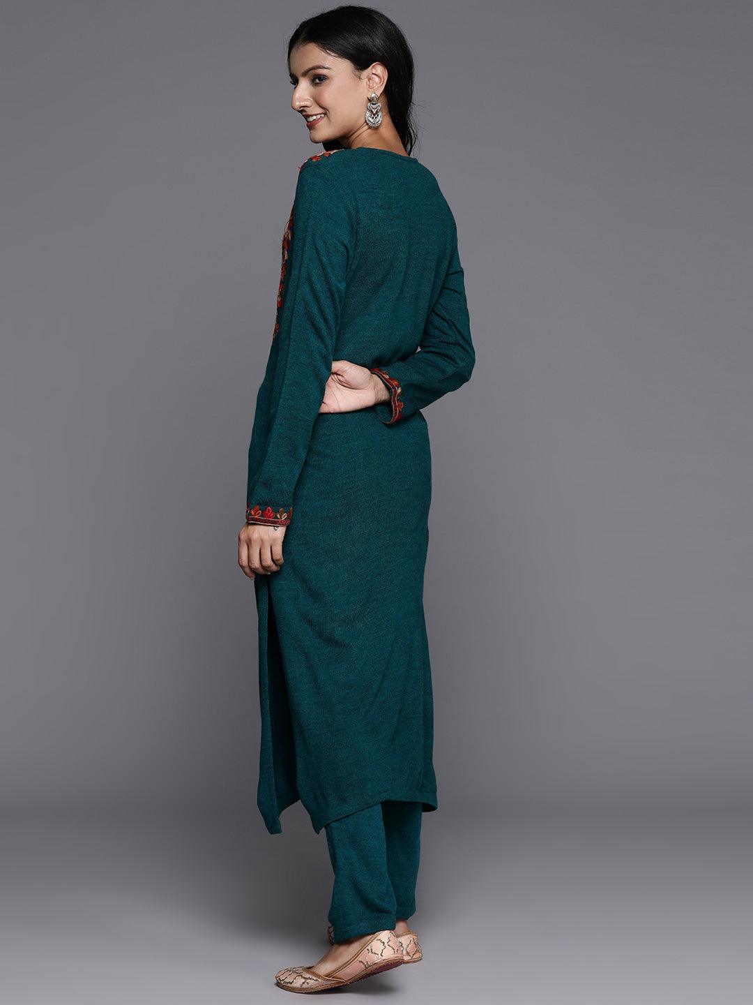 Green Yoke Design Wool Straight Kurta Set