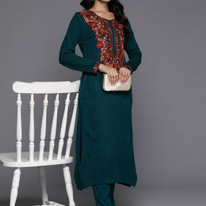 Green Yoke Design Wool Straight Kurta Set