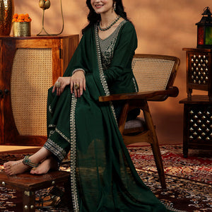 Green Yoke Design Silk Blend Straight Suit With Dupatta
