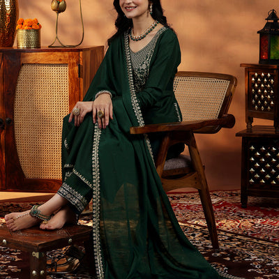Green Yoke Design Silk Blend Straight Suit With Dupatta