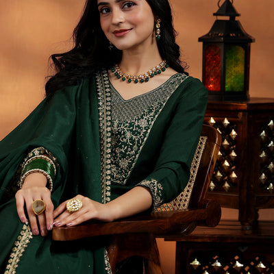 Green Yoke Design Silk Blend Straight Suit With Dupatta