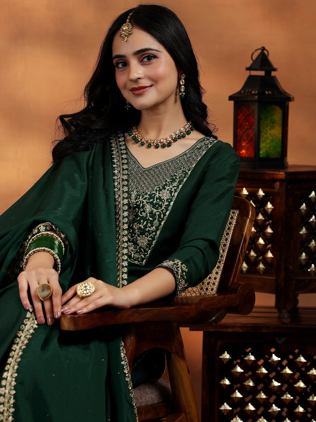 Green Yoke Design Silk Blend Straight Suit With Dupatta