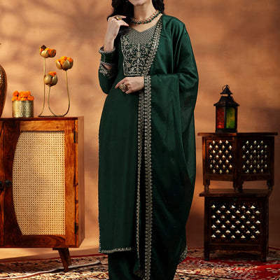 Green Yoke Design Silk Blend Straight Suit With Dupatta