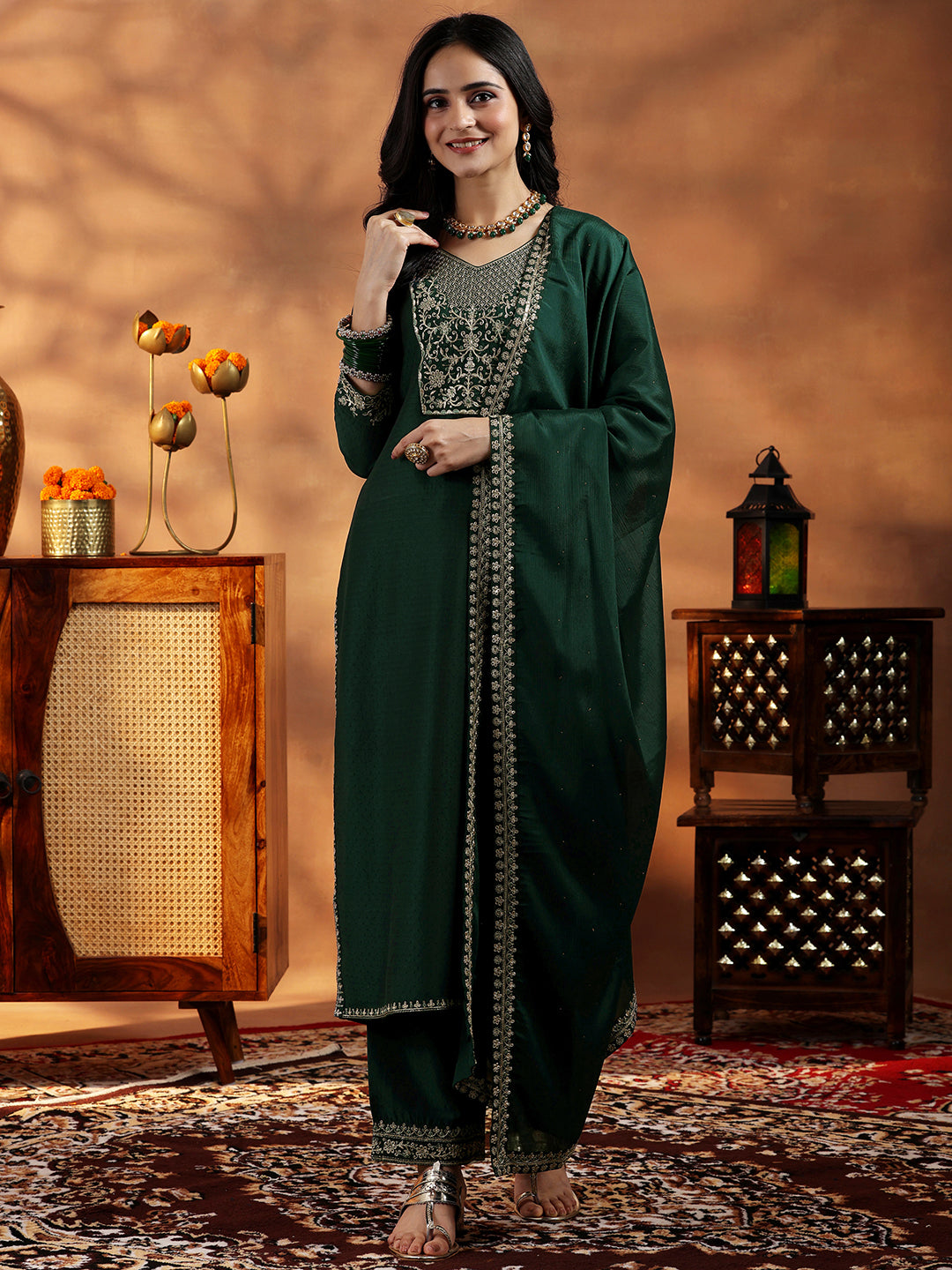 Green Yoke Design Silk Blend Straight Suit With Dupatta