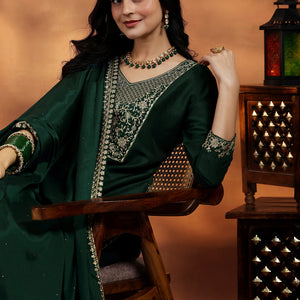 Green Yoke Design Silk Blend Straight Suit With Dupatta