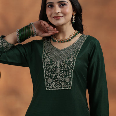 Green Yoke Design Silk Blend Straight Suit With Dupatta