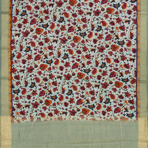 Off White Handloom Printed Tussar Silk Saree With Floral Vine Motifs-Off White