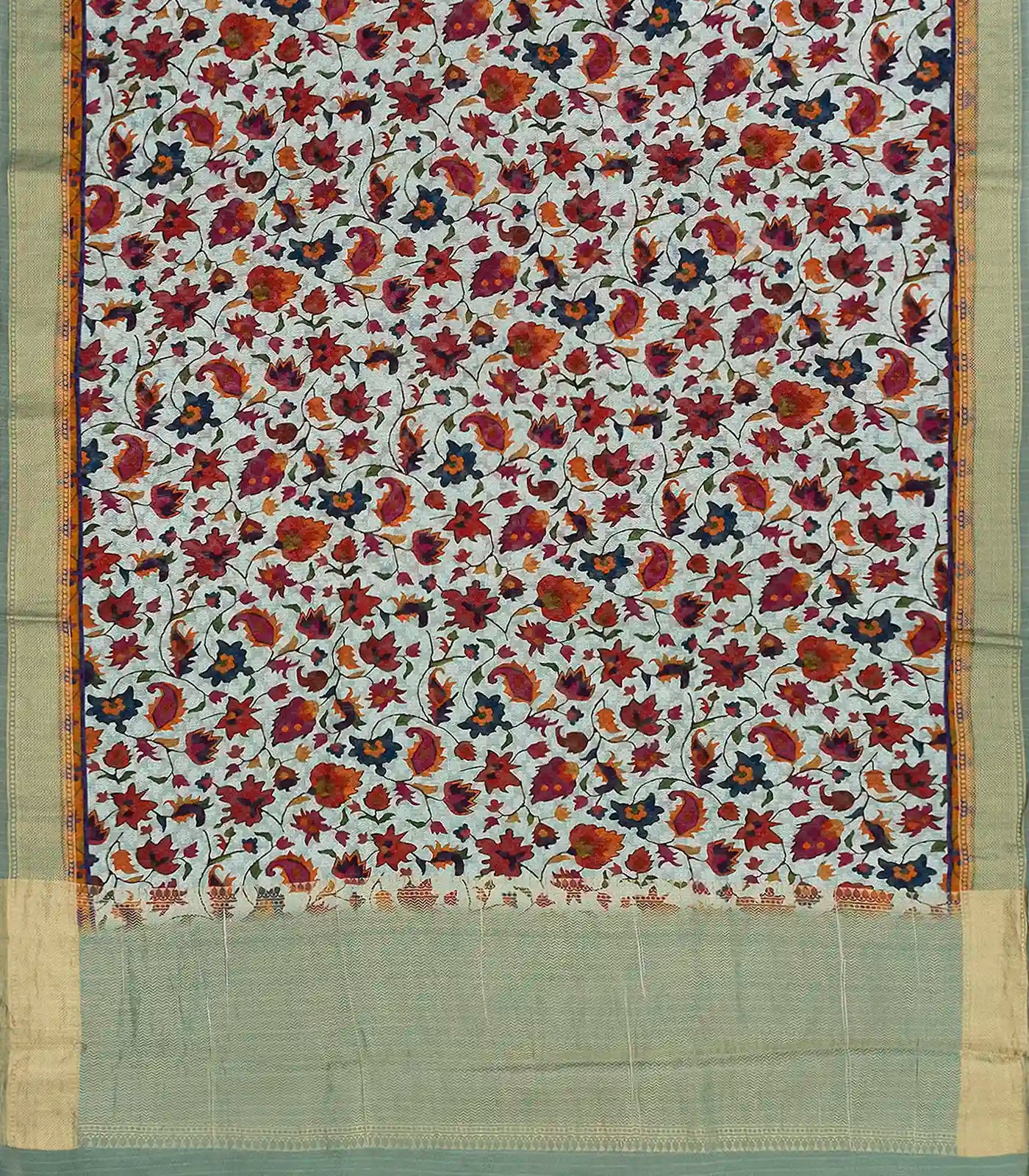 Off White Handloom Printed Tussar Silk Saree With Floral Vine Motifs-Off White