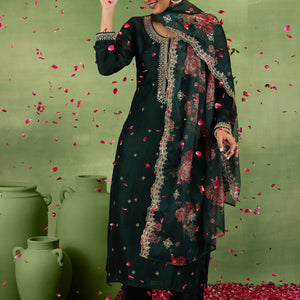 Green Embroidered Silk Blend Straight Suit With Dupatta