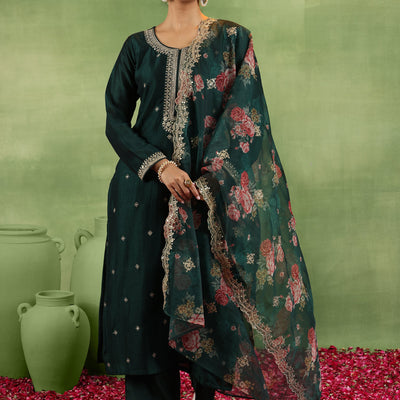 Green Embroidered Silk Blend Straight Suit With Dupatta