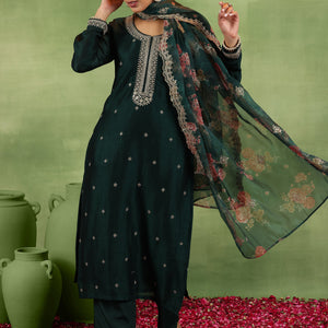 Green Embroidered Silk Blend Straight Suit With Dupatta