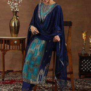 Blue Woven Design Silk Blend Straight Suit With Dupatta