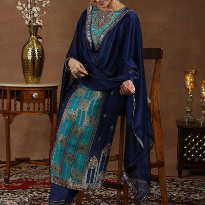 Blue Woven Design Silk Blend Straight Suit With Dupatta
