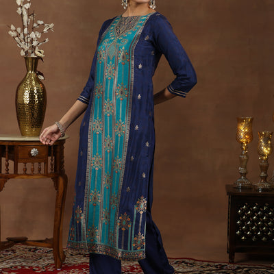 Blue Woven Design Silk Blend Straight Suit With Dupatta