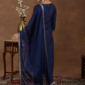 Blue Woven Design Silk Blend Straight Suit With Dupatta