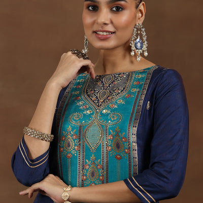Blue Woven Design Silk Blend Straight Suit With Dupatta