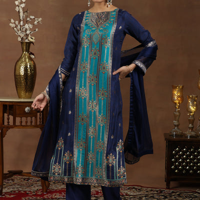 Blue Woven Design Silk Blend Straight Suit With Dupatta