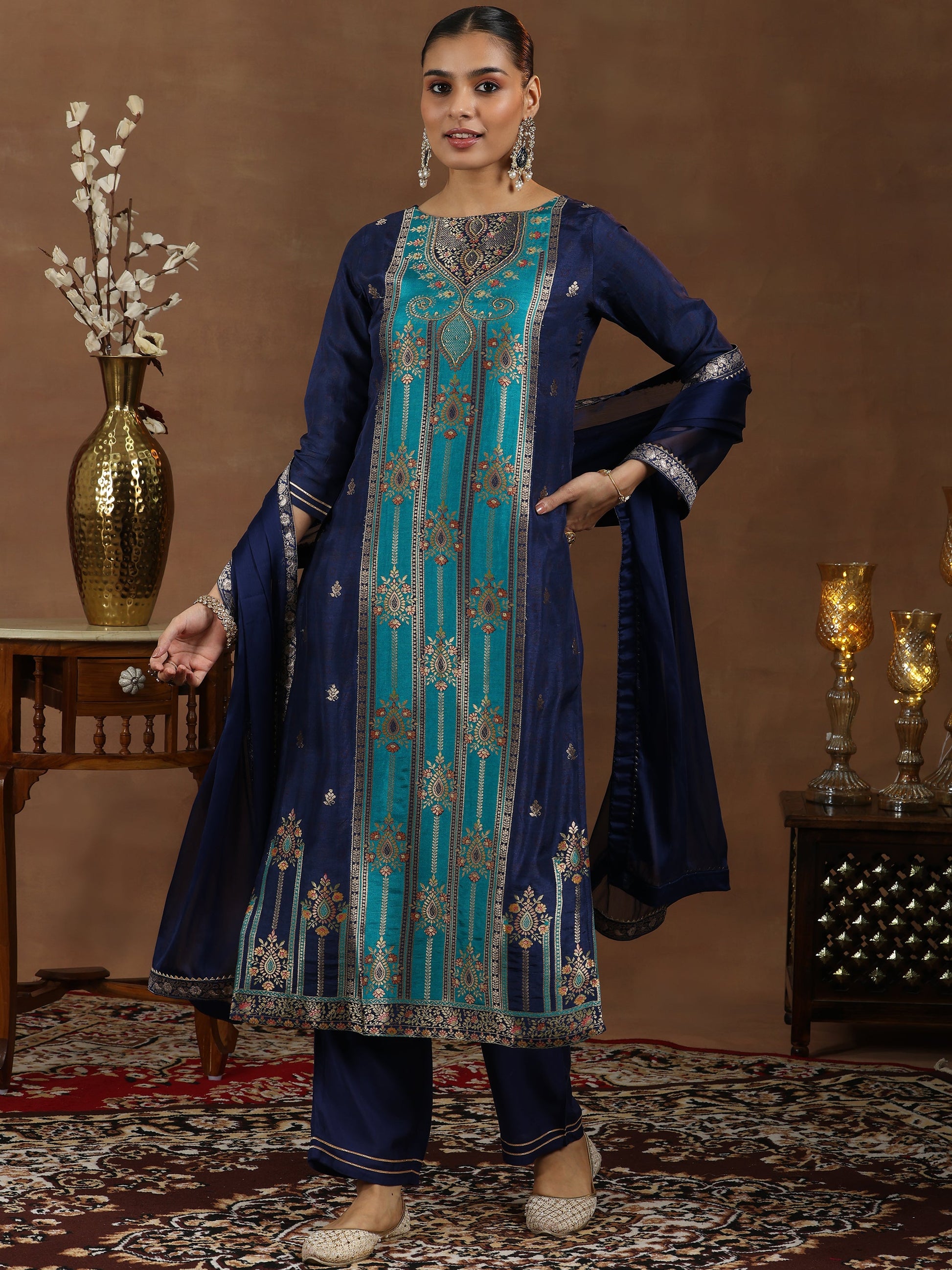 Blue Woven Design Silk Blend Straight Suit With Dupatta