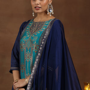Blue Woven Design Silk Blend Straight Suit With Dupatta