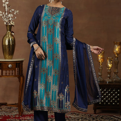 Blue Woven Design Silk Blend Straight Suit With Dupatta