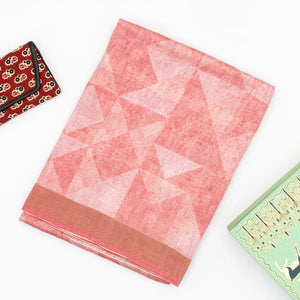 Peach Handwoven Linen Saree Printed With Geometric Motifs