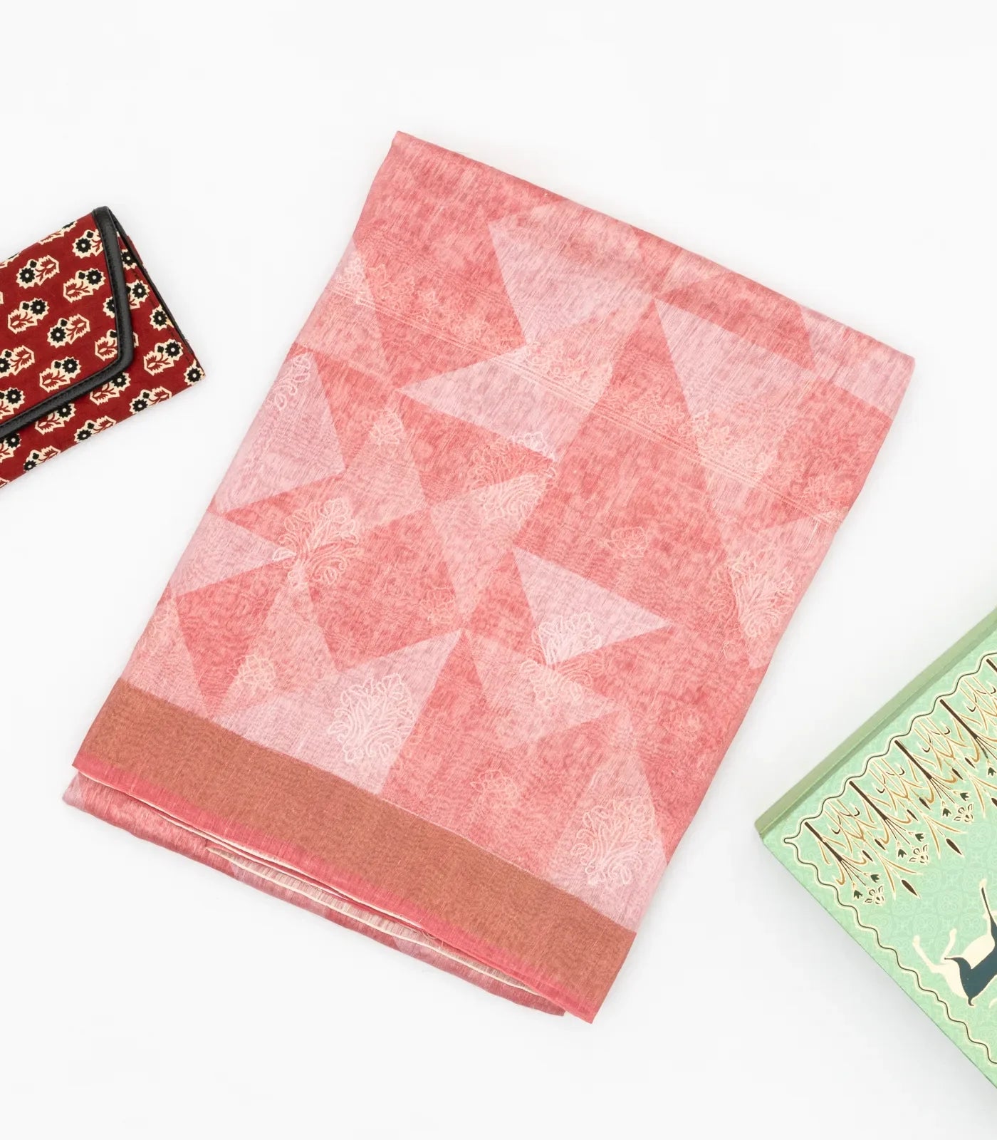 Peach Handwoven Linen Saree Printed With Geometric Motifs