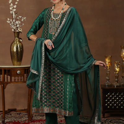 Green Woven Design Silk Blend Straight Suit With Dupatta