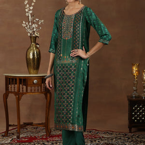 Green Woven Design Silk Blend Straight Suit With Dupatta