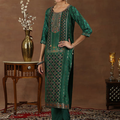 Green Woven Design Silk Blend Straight Suit With Dupatta