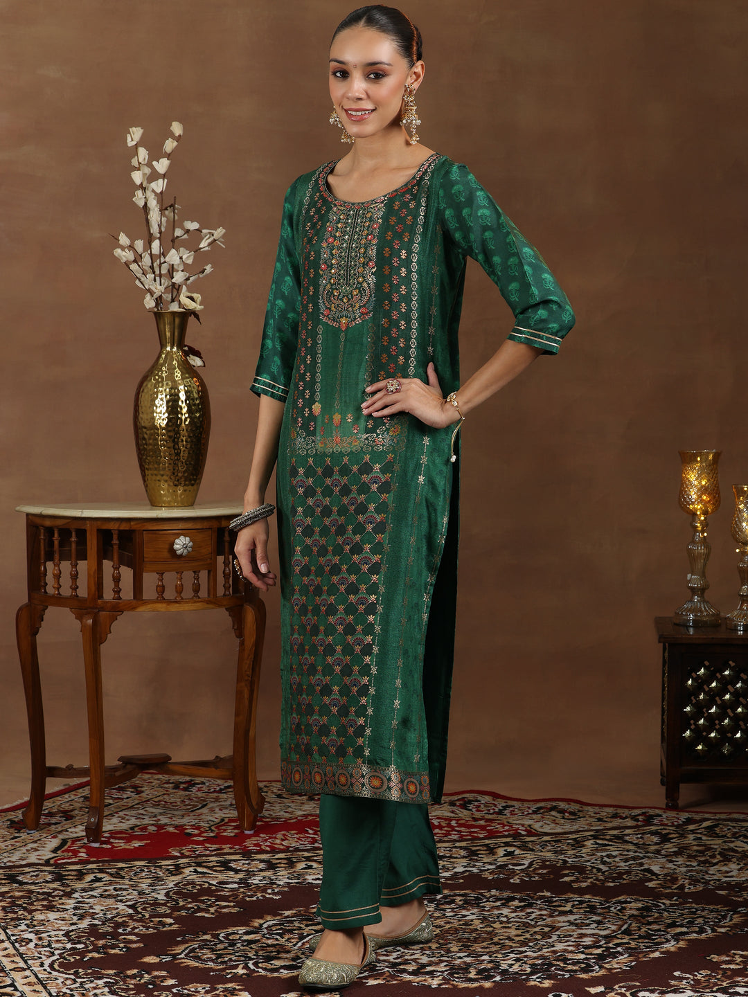 Green Woven Design Silk Blend Straight Suit With Dupatta