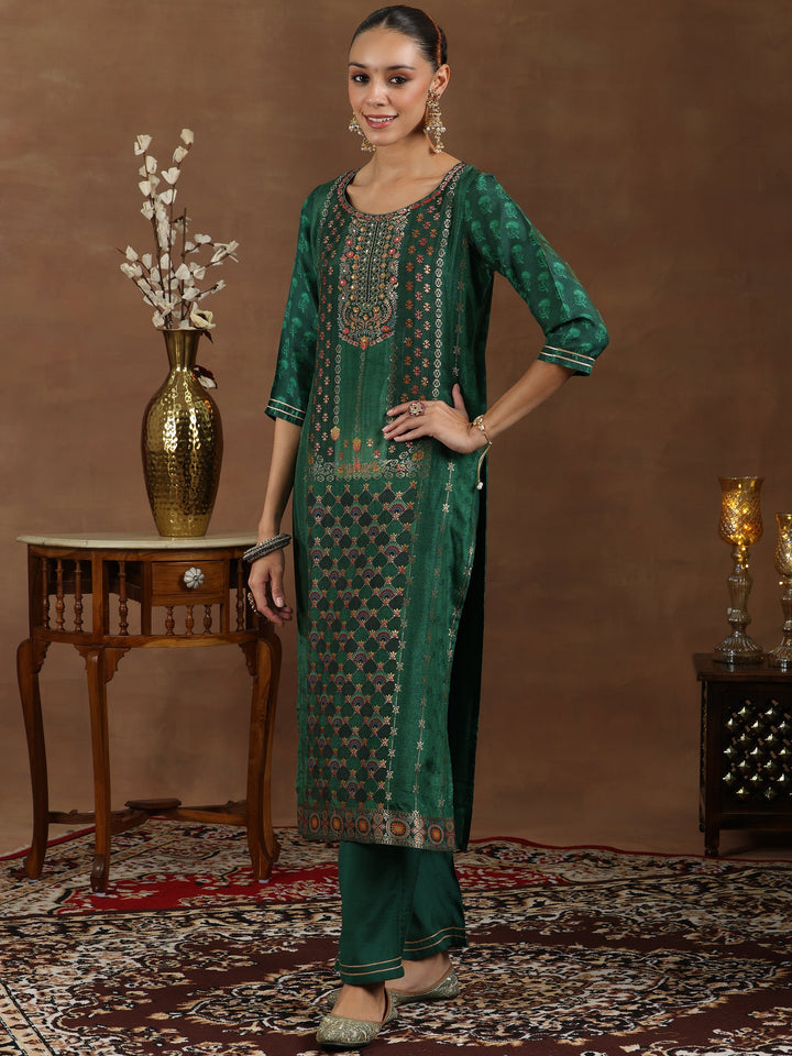 Green Woven Design Silk Blend Straight Suit With Dupatta